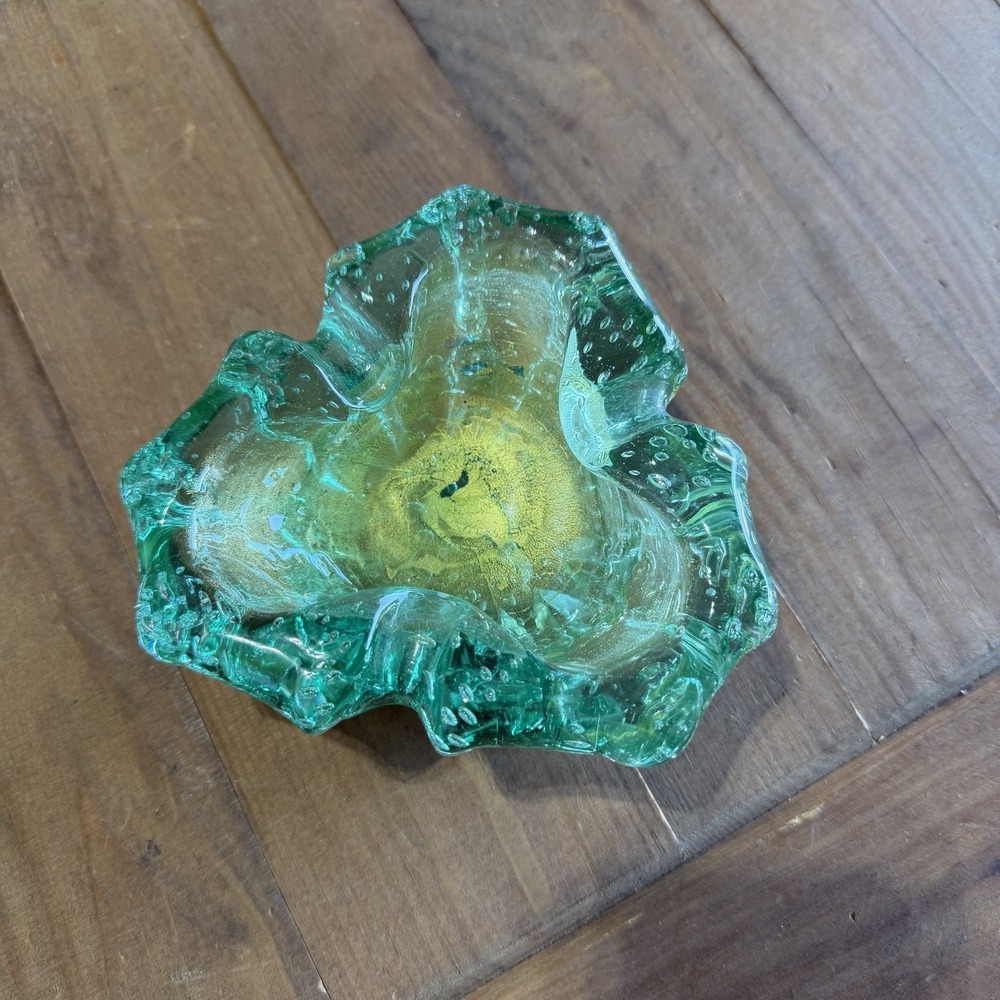 Heavy Murano Green Bubble Ashtray Bowl | Gold Flake Art Glass | 5"